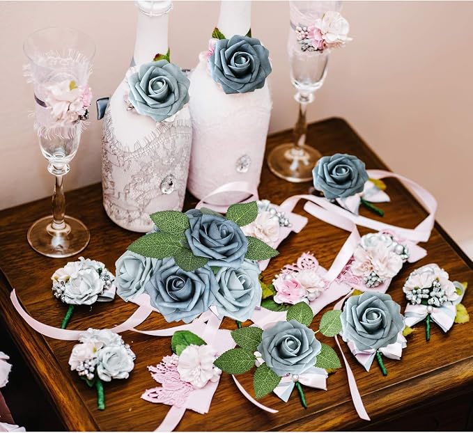AmyHomie Dusty Blue Rose 25pcs Real Looking Artificial Flowers w/Stem | Bouquet - Image 6