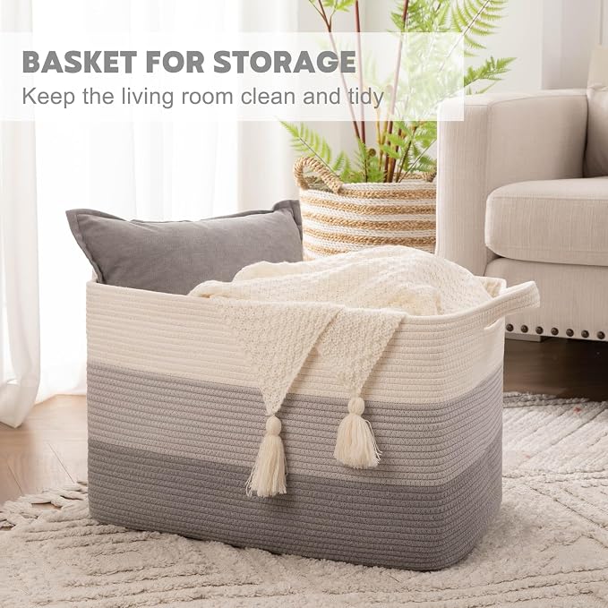 OIAHOMY Large Blanket Basket, 65L Cotton Rope Woven Laundry Basket, Toy Bin - Image 2