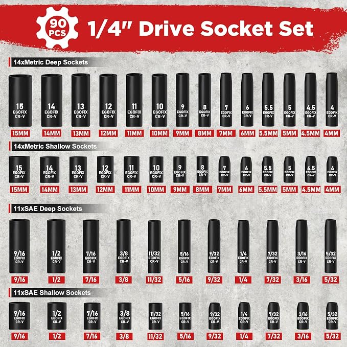 90PCS 1/4" Drive Impact Socket Set Metric 4-15mm and Standard SAE Size - Image 2