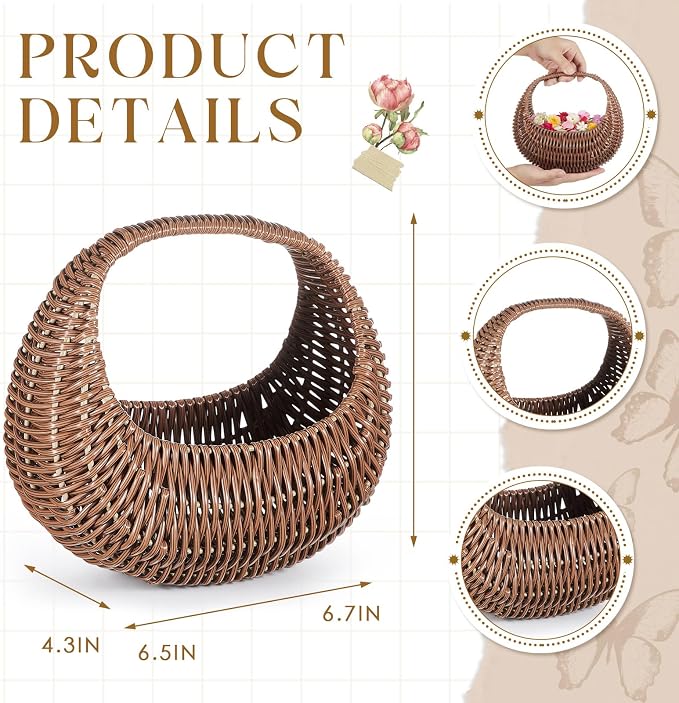 3 Pack Flower Girl Basket with Handle, 6.7 x 6.5 x 4.3 Inch, Half Moon Rattan - Image 2