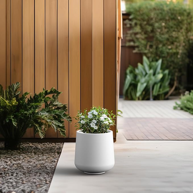 Kante Accent Round Curved White Concrete Planter 13" Dia, Outdoor | Rubber Plug - Image 6