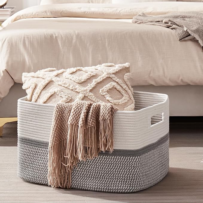 OIAHOMY Blanket Basket Laundry Basket Dog Toy Basket 75L Grey/White | Large - Image 6