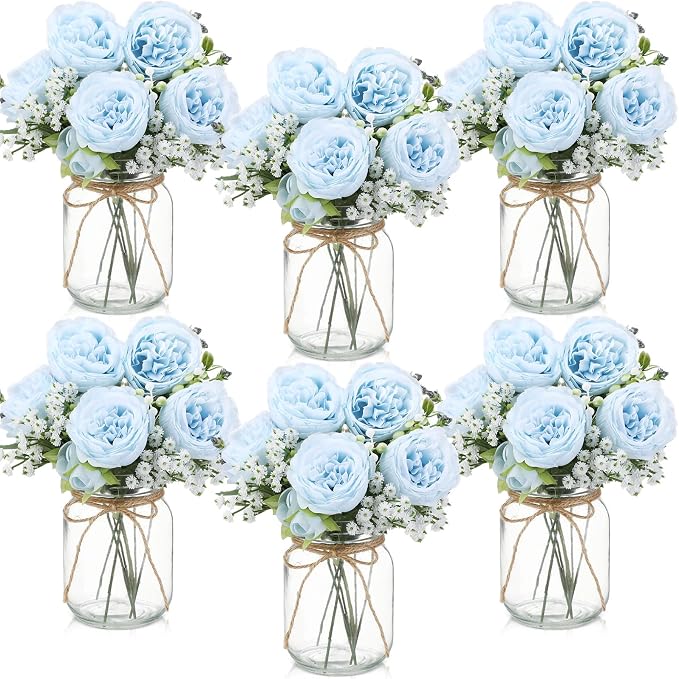 6 Sets Mason Jar Flowers Centerpiece Table Decorations, Artificial Peony Baby's by Zeyune