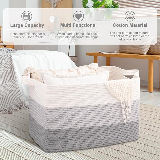 OIAHOMY Extra Large Blanket Basket, 110L Cotton Rope Woven Laundry Basket - Image 2