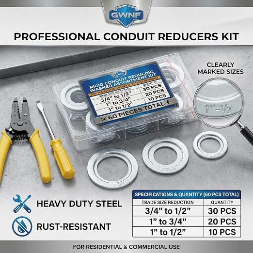 60-Piece Rigid Conduit Reducing Washer Assortment Kit, 3 Sizes | Trade sizes: - Image 2