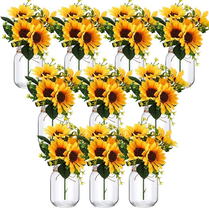 XunYee 10 Set Mason Jars for Centerpieces, Sunflower | Mason Jar Flower Vases by XunYee