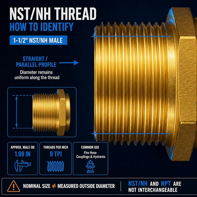 1-1/2" NPT Female x 1-1/2" NST/NH Male Fire Hose Adapter | Solid brass - Image 9