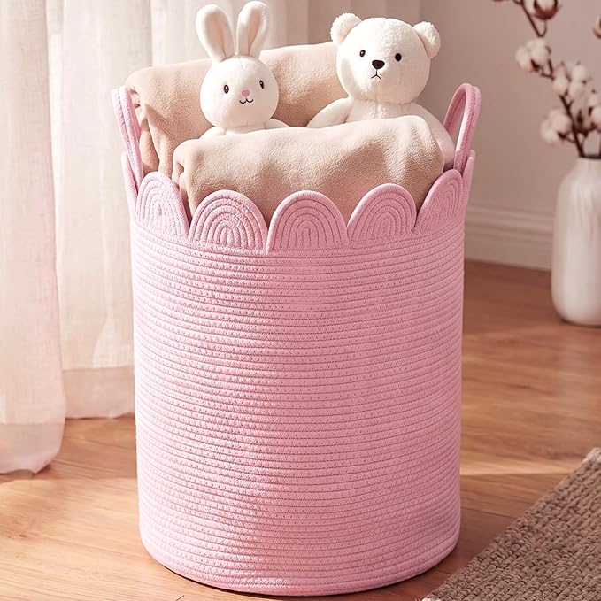 LemonRoad Round Woven Basket Pink, Cotton Rope Scalloped Edge Tassels, Nursery by Unknown