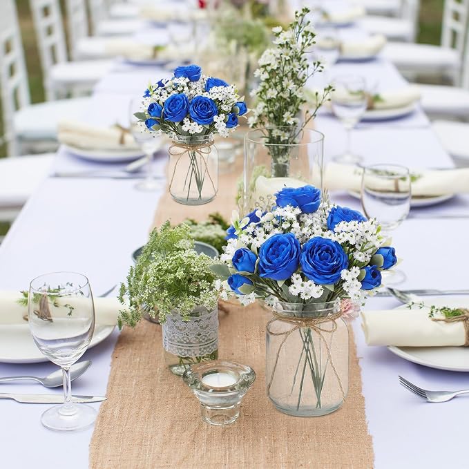 6 Sets Mason Jar Flowers Centerpiece Table Decorations, Royal Blue | Faux - Image 6