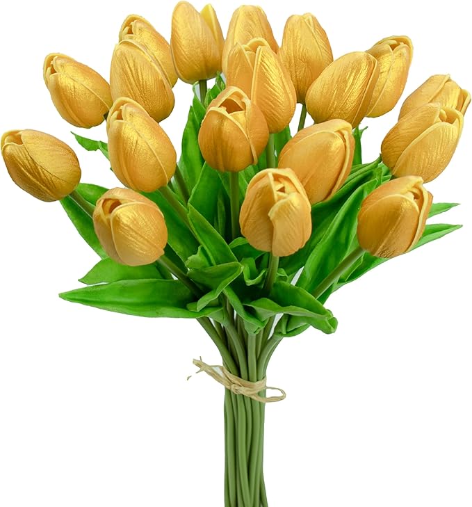 Mandy's 20pcs Artificial Gold Tulips | 13.5 Inch Lifelike PU Tulips Faux Floral by Mandys