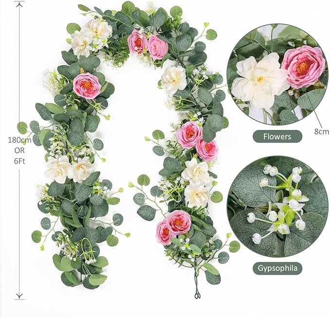 TOCHGREEN 4 Pack Artificial Eucalyptus Flower Garland - Image 3
