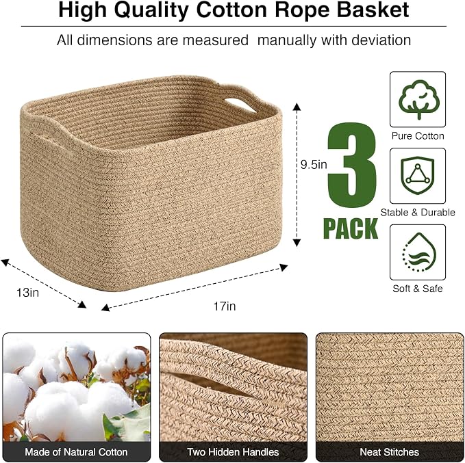 ICERZCZ Large Storage Baskets for Organizing Shelves, Woven Cotton Rope Bins - Image 3