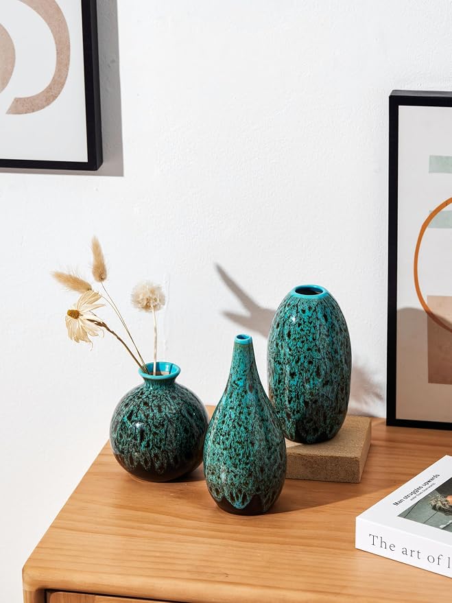 Ceramic Bud Vase Set, Fambe Blue Glazed Finish, Decorative Flower Vases - Image 3