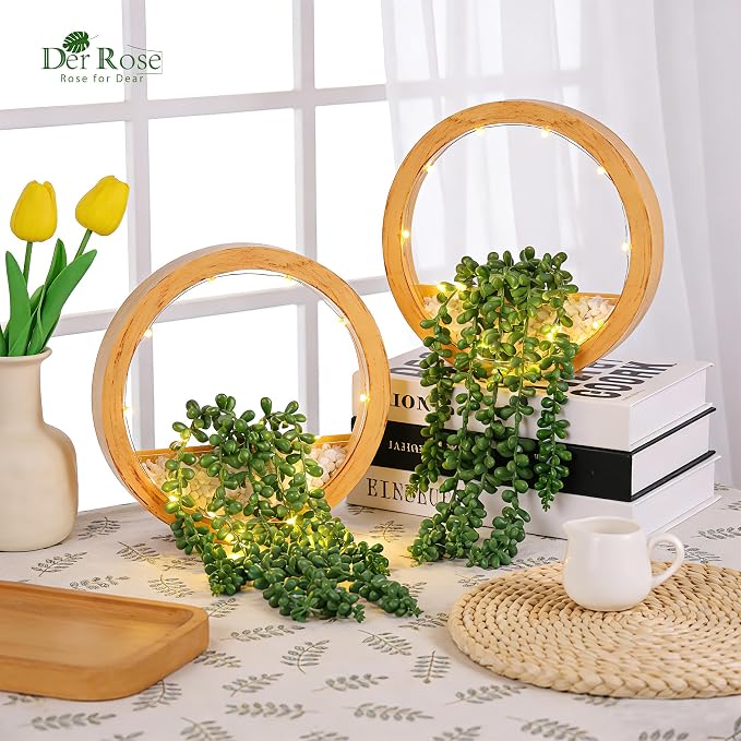 Der Rose 2 Pack Fake Lighted Hanging Succulent Plants Wood Pot - Image 2