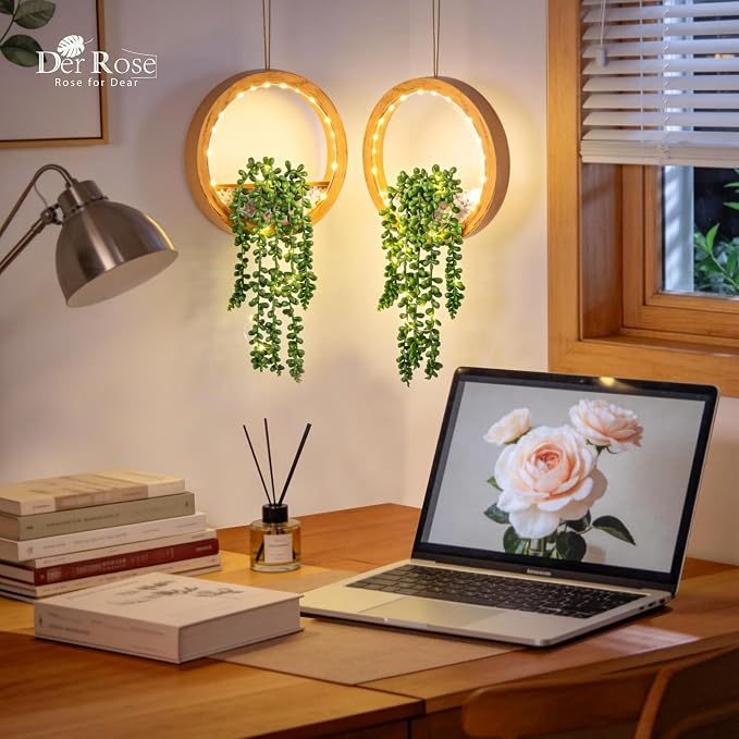 Der Rose 2 Pack Fake Lighted Hanging Succulent Plants Wood Pot - Image 7