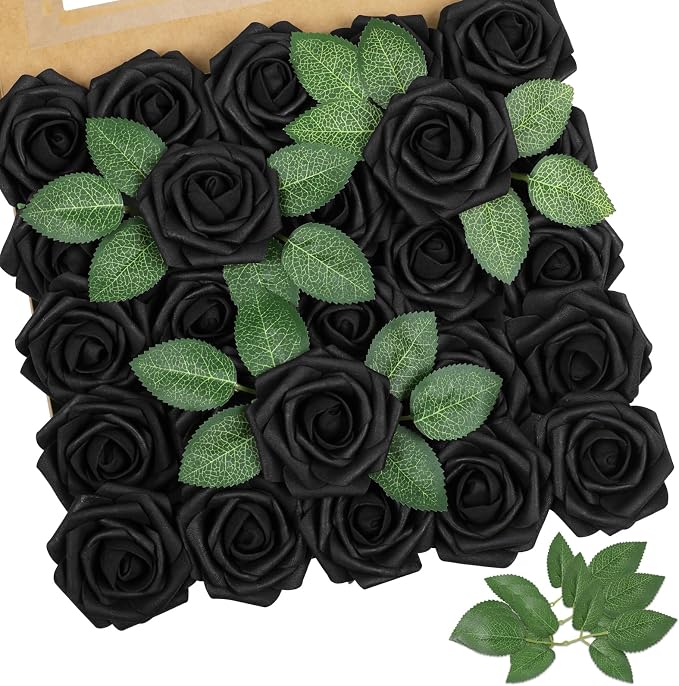 AmyHomie Black Rose 25pcs Real Looking Artificial Flowers w/Stem | Bouquet by AmyHomie