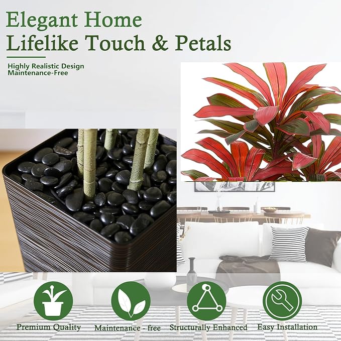 Artificial Dracaena Tree: 5FT Fake Plants Silk Faux Trees（Black Pot） | - Image 4