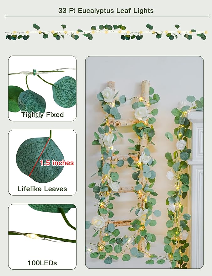 33FT Eucalyptus Garland String Lights Battery Operated Copper Wire | 100Led - Image 5