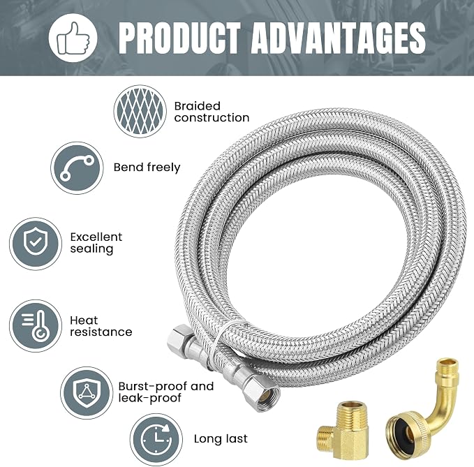 Dishwasher Supply Line Kit, 6 FT Stainless Steel Braided Hose - Image 6