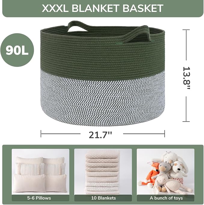 INDRESSME XXXLarge Woven Rope Blanket Basket Living Room Green, 90L | 21.7" x - Image 3