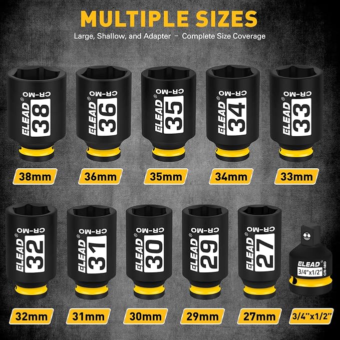 1/2'' Drive Deep Impact Socket Set: 11-Piece Metric Wheel Axle Nut Wrench Large - Image 2