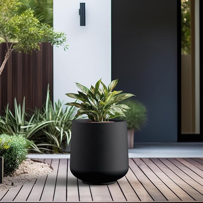 Kante Large Round Curved Black Concrete Planter 16.5" Dia, Outdoor | Rubber Plug - Image 4