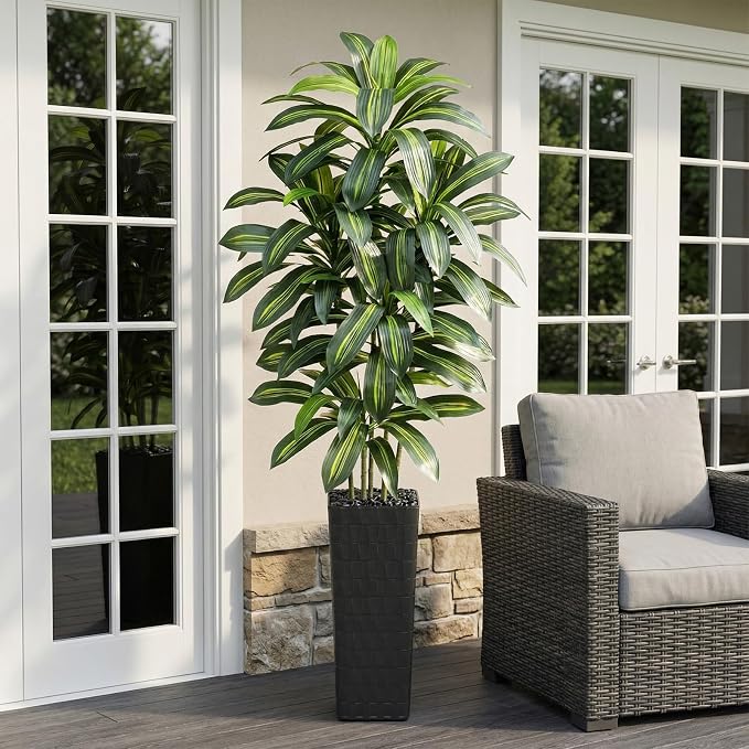 Artificial Dracaena Tree: 7FT Fake Plants Silk Faux Trees（Black Pot） | - Image 9