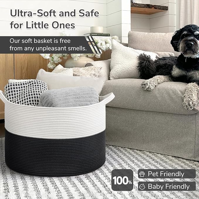 INDRESSME XXXLarge Woven Rope Blanket Basket Living Room White Black, 90L | - Image 6