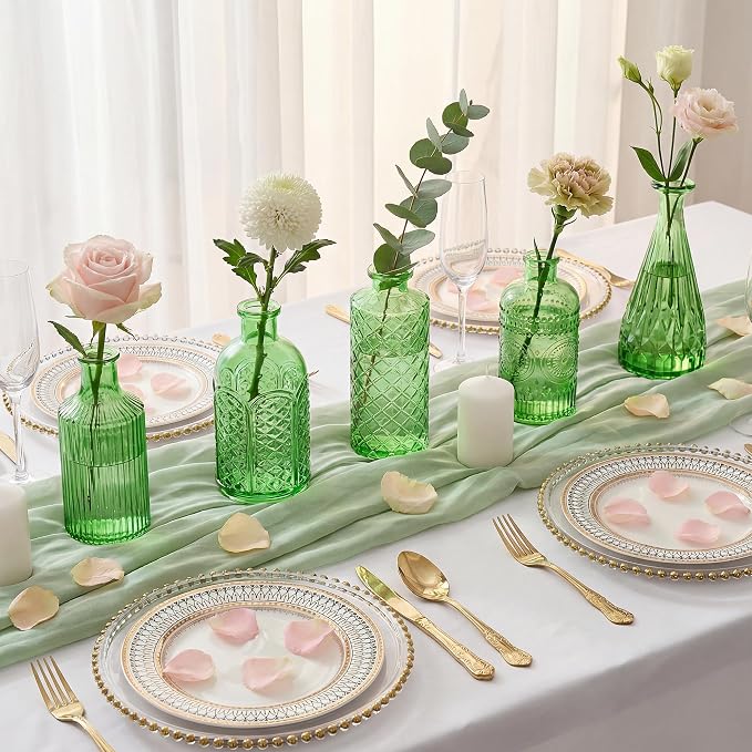 12 Pcs Green Bud Vases Set, Armber Small Vintage Glass Clear Bud Flower Vases - Image 4