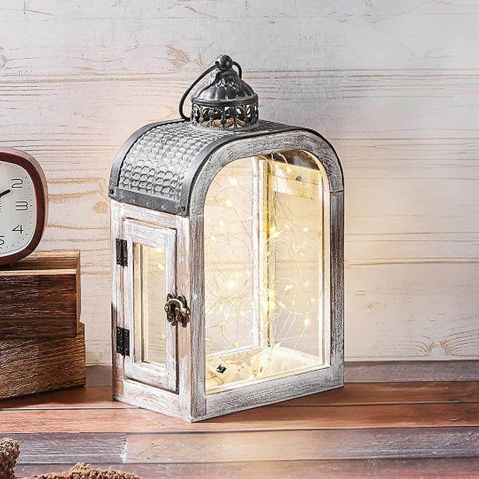 11" High Farmhouse Decorative Lanterns Set, Glass and Metal, Distressed White - Image 4