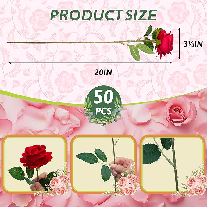 50PCS Fake Red Roses, Artificial Red Flowers Bulk | Realistic Silk Faux Rose - Image 2