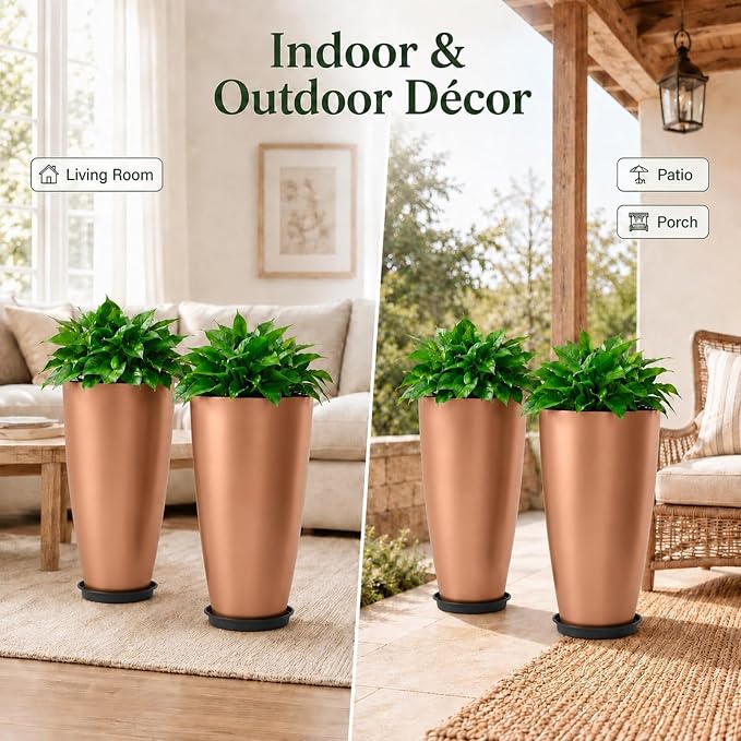Neoaider Set of 2 Tall Planter, 21 inch Large Plastic Planter, Rose Gold | - Image 9