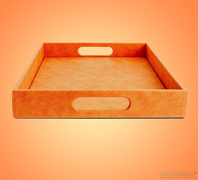 Home Redefined 17.5"x12" Rectangle Orange Faux Leather Decorative Tray | - Image 4