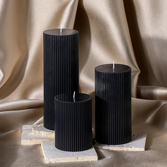 Conelist Ribbed Pillar Candles Set of 3, Width 3" High 4" 6" 8" - Image 4