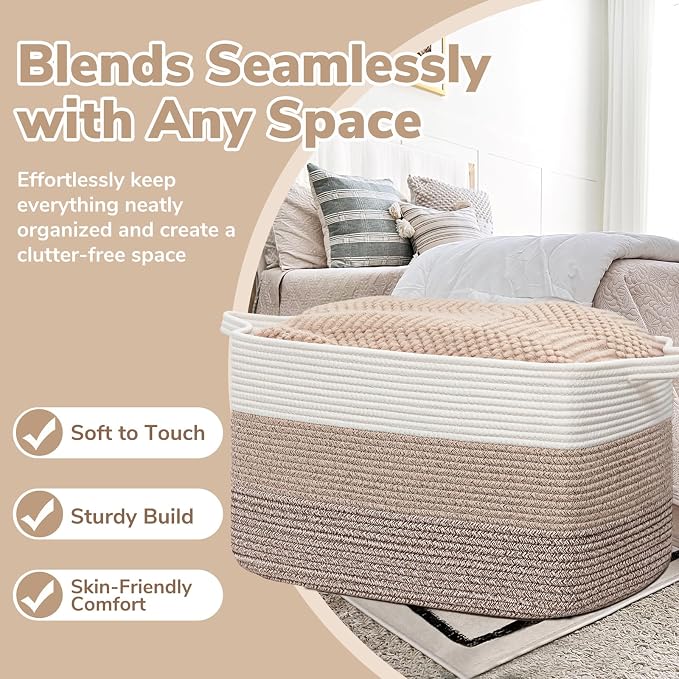Goodpick 105L Extra Large Woven Rope Blanket Basket, Light Brown | 25'' x 16'' - Image 5