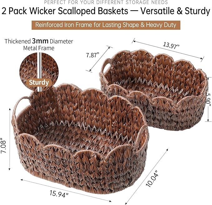 Coeusy Wicker Scalloped Basket Set of 2, Woven Storage Baskets - Image 3