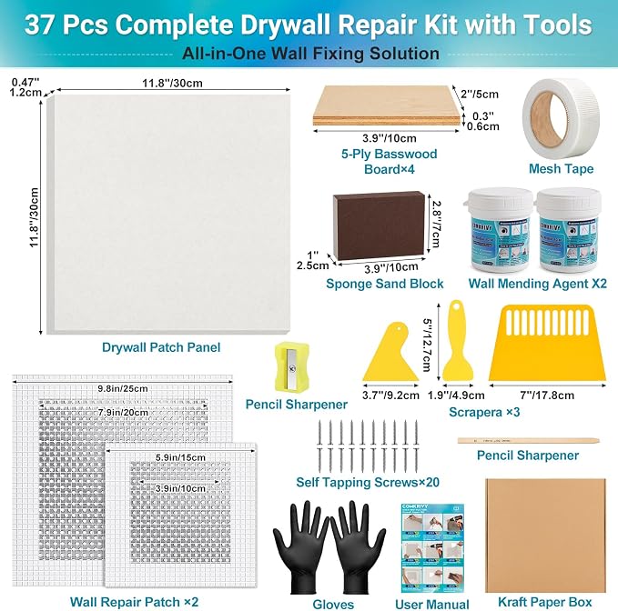 37 Pcs Drywall Repair Kit with 12"x12" Dry Wall Panel, Dry wall Patch Kit - Image 2