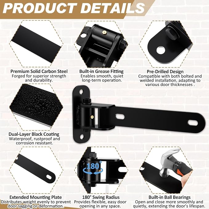 Yaocom 4 Pcs 13" Heavy Duty Gate Hinges 900 Lbs Capacity 180°Open Thickened - Image 3