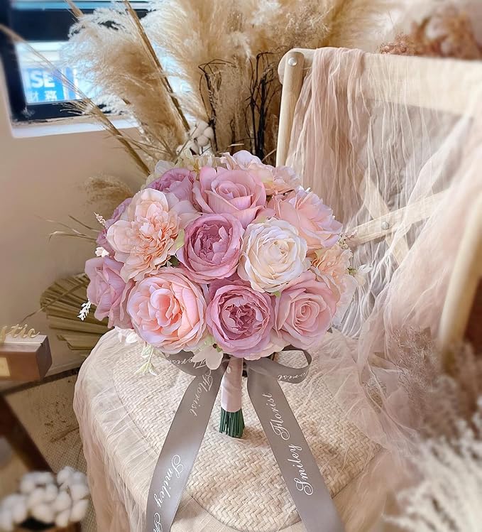 FACINOC Artificial Flowers Pink Bouquet Fake Flower Dahlia Roses - Image 5