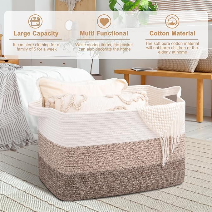 OIAHOMY Extra Large Blanket Basket, 110L Cotton Rope Woven Laundry Basket - Image 2