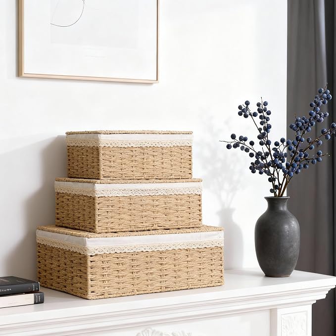 Nonam Large Basket with Lid set of 3, Rattan Divided Baskets Organizer - Image 4