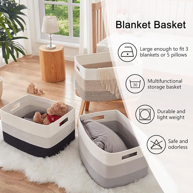 OIAHOMY Blanket Basket Laundry Basket Dog Toy Basket 75L Gradient Black | Large - Image 6