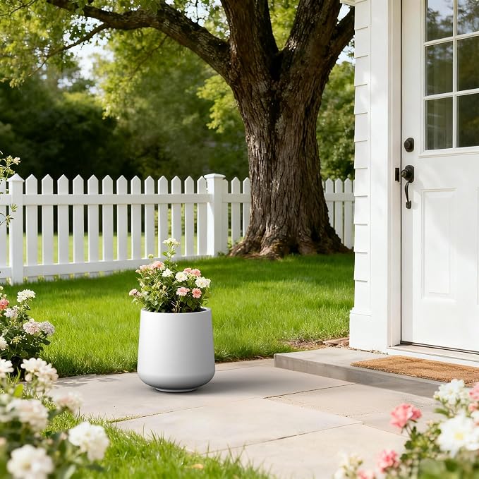 Kante Accent Round Curved White Concrete Planter 13" Dia, Outdoor | Rubber Plug - Image 5