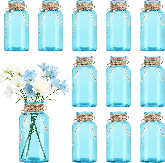 6 Pack Mason Jar Vases for Centerpieces, Aqua Blue Glass Flower Vase | Vintage by LEYIQU