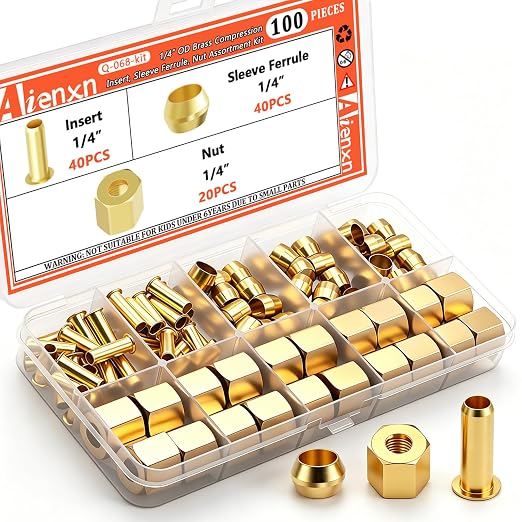 100PCS 1/4" Brass Compression Fittings Assortment kit, Sleeve Ferrule, Nut by Aienxn
