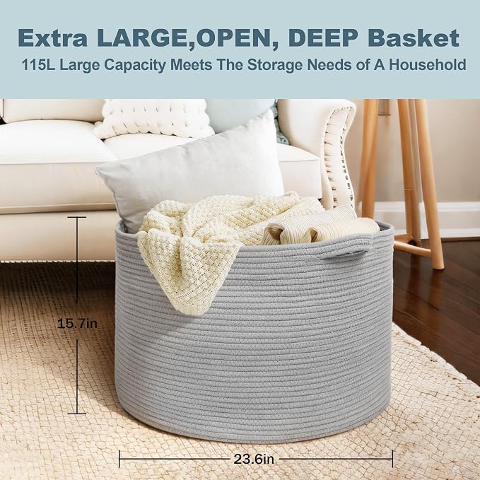 115L Super Large Gray Blanket Basket, 23.6"x15.7" Woven Cotton Rope Storage - Image 3
