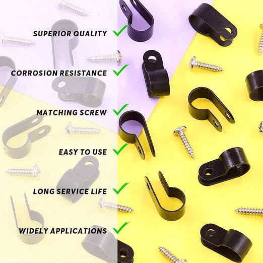Swpeet 60 Pack Black 3/8 Inch Nylon Plastic R-Type Cable Clips Clamp Kit - Image 6