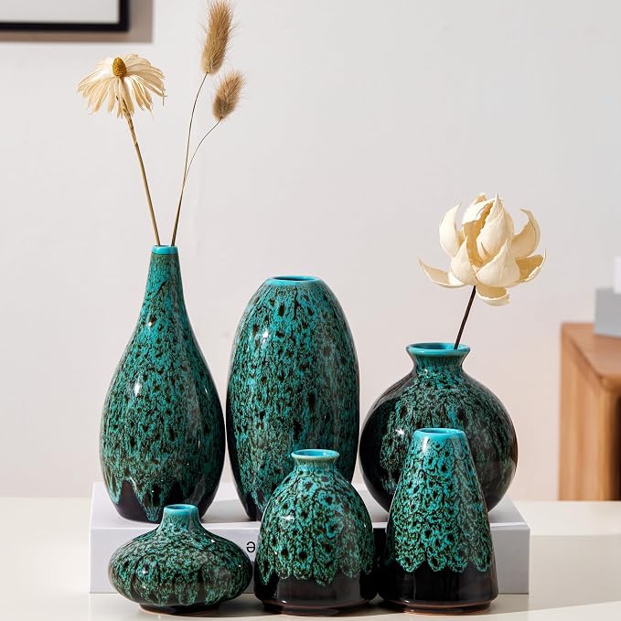 Ceramic Bud Vase Set, Fambe Blue Glazed Finish, Decorative Flower Vases by Fulloog
