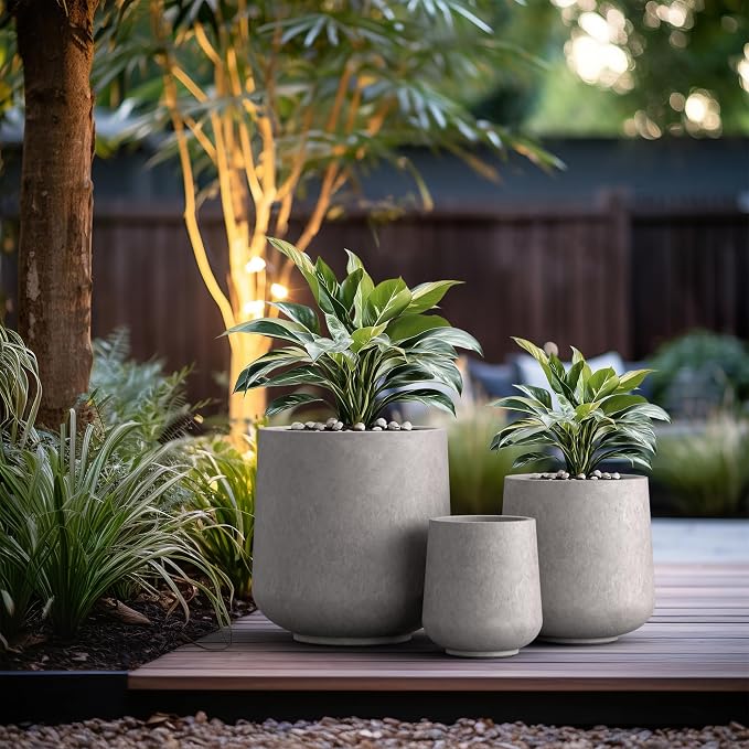 Kante Set of 3 CON Gray Concrete Curved Planters 16.5" 13" 9.4" Dia | Drainage - Image 6