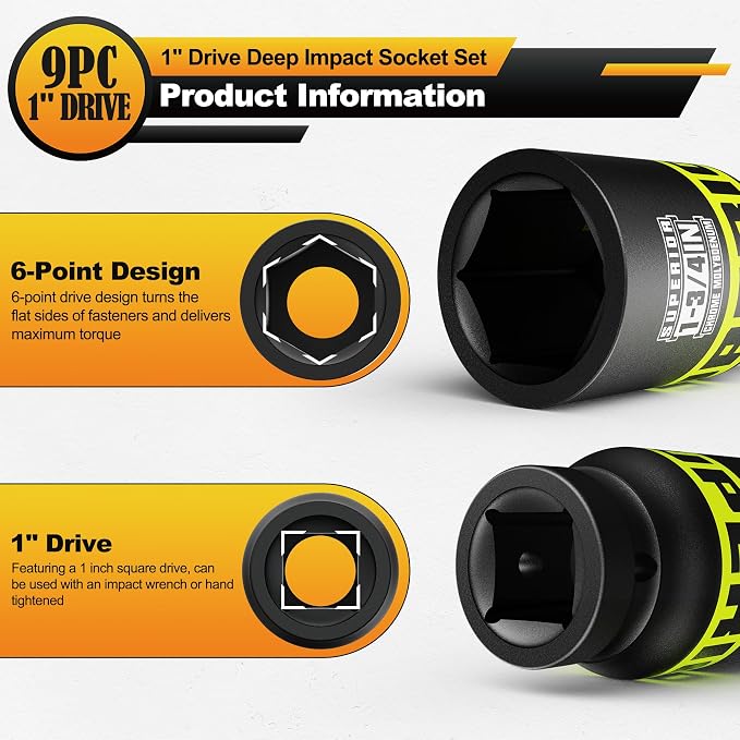 9 Piece 1" Drive Deep Impact Socket Set, Heavy Duty CR-MO, Truck Tire Service - Image 3